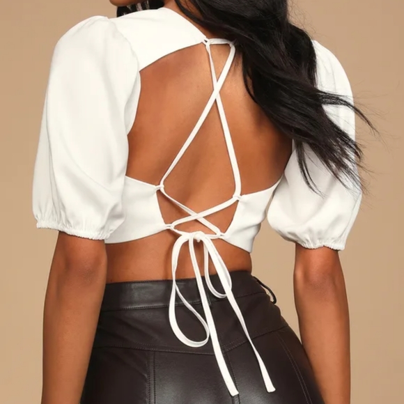 Lulus Subtle Flirt Ivory Puff Sleeve Lace-Up Crop Top - Small - Picture 3 of 6